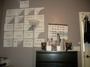 I sort of storyboarded my chapters on my wall for about a year. I moved them around and folded up the corners when that chapter was complete. This really motivated me. 